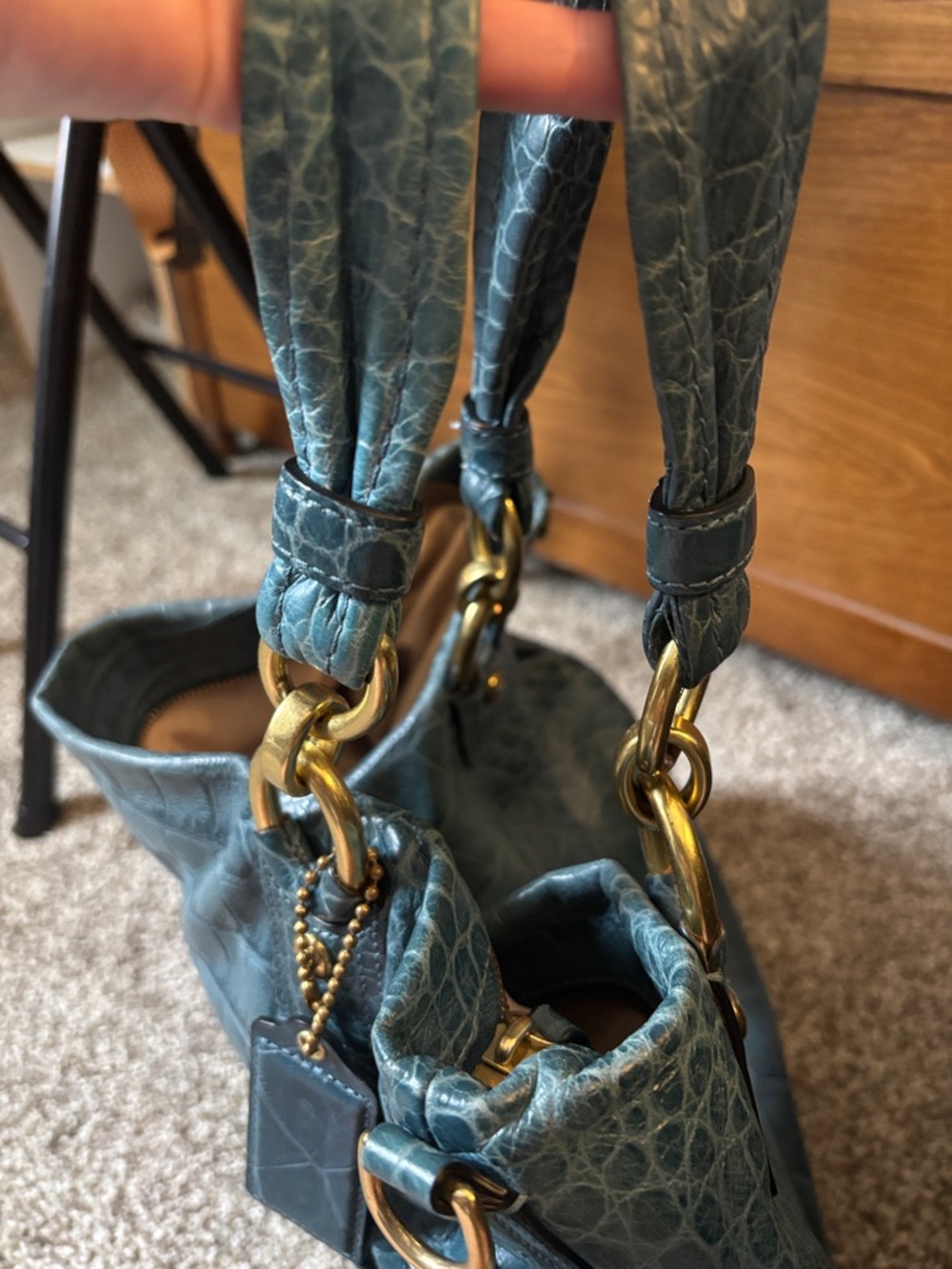 Teal Croc-Embossed Leather Tote Bag with Gold Hardware - Picture 14 of 16